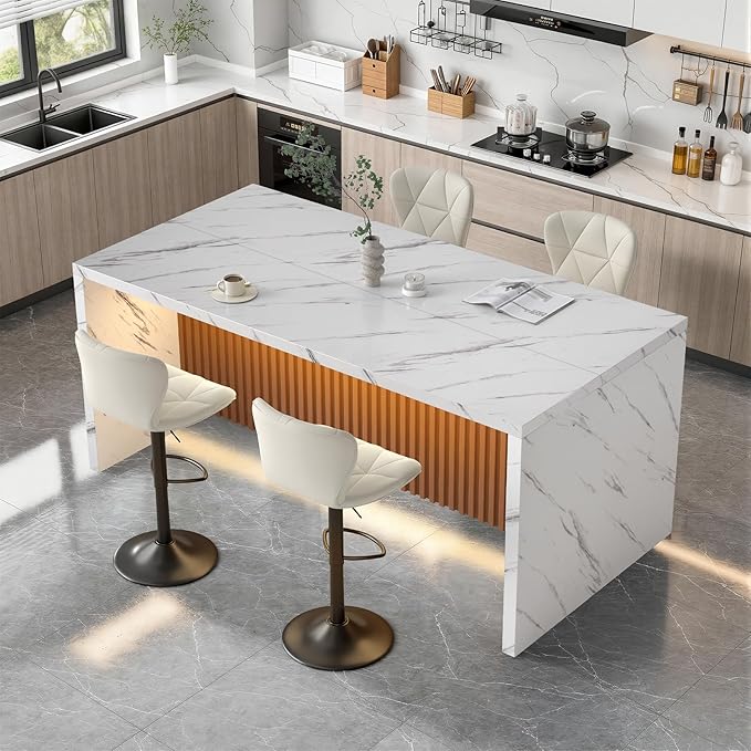 67" Kitchen Island Table Set with 4 Bar Stools, Faux Marble Top Island Table, Counter Height Dining Table Set for Kitchen & Dining Room