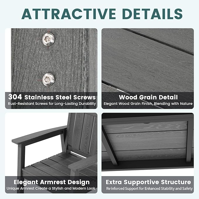 Pamapic 5 PCS Outdoor Dining Set, Spacious HDPE Outdoor Table and Chairs, Wood Grain Patio Furniture Sets with Elegant Armrest, All-Weather Patio Dining Table with Umbrella Hole, Gray