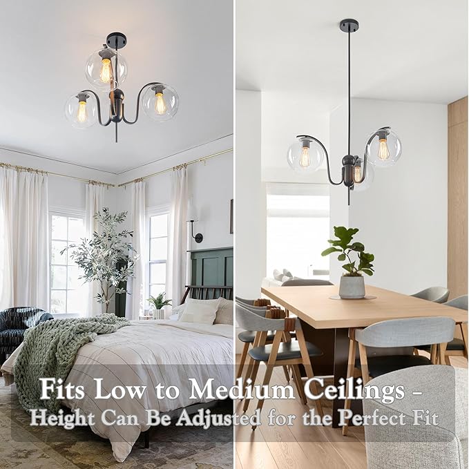 Industrial 3-Light Black Chandelier with Downward Curved Arms, Modern Pendant Light Fixture with Clear Glass Shade, Metal Hanging Ceiling Lighting for Kitchen, Dining Room, Entryway