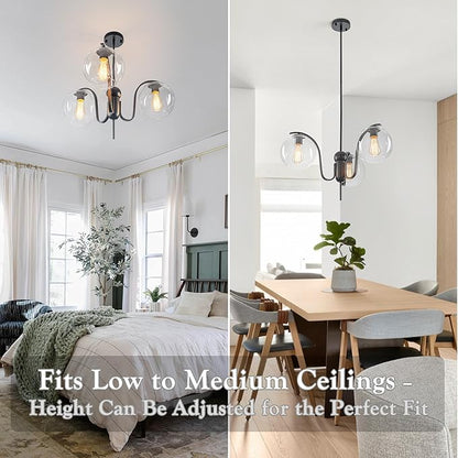 Industrial 3-Light Black Chandelier with Downward Curved Arms, Modern Pendant Light Fixture with Clear Glass Shade, Metal Hanging Ceiling Lighting for Kitchen, Dining Room, Entryway