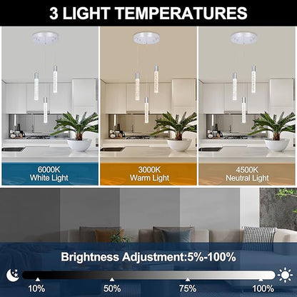 3 Light Pendant Lights Kitchen Island,Modern LED Bubble Crystal Pendants with Dimmable 3000K-6000K Ceiling Hanging Light Fixture for Dining Room Bedroom,Chrome Finish,Adjustable Height 59"