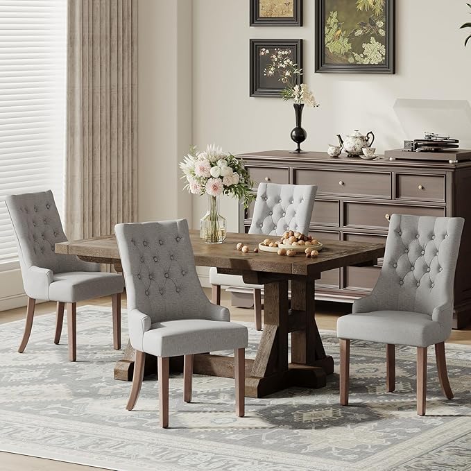 COLAMY Wingback Upholstered Dining Chairs Set of 4, Fabric Side Dining Room Chairs with Tufted Button, Living Room Chairs for Home Kitchen- Light Grey