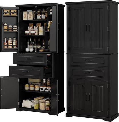 Merax 72.5" Tall Kitchen Pantry Storage Cabinet, Farmhouse Freestanding Large Cupboard with Two Drawers, Bathroom Cabinet with Adjustable Shelves, 6 Door-Shelf for Dining Room, Black