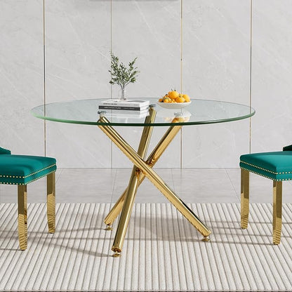 SSLine 43.3" Round Glass Dining Table for 4 Modern Circle Glass Tabletop Kitchen Table for 4 Luxury Dinner Tables with Gold Metal Legs for Home Kitchen Dining Room(Table Only)