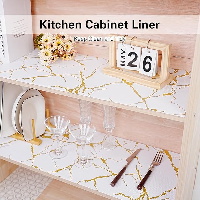 Drawer and Shelf Liner for Kitchen Cabinet,Non-Adhesive Cabinet Liner 18in x 10FT,Waterproof Shelf Paper Non-Slip Mats Cupboard Liners Contact Protect Dresser/Shelves/Table-Gold Marble