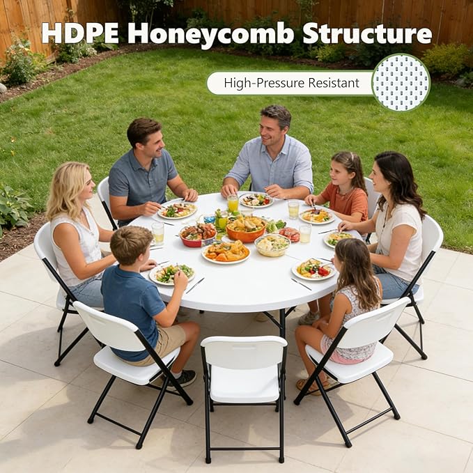 60" Folding Round Table, Plastic Dinner Table, Portable Folding Banquet Table for Living Room, Party or Outdoor Event, White