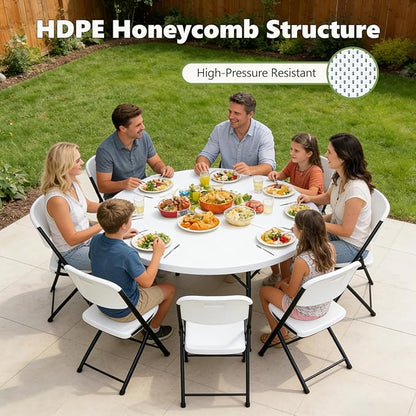 60" Folding Round Table, Plastic Dinner Table, Portable Folding Banquet Table for Living Room, Party or Outdoor Event, White