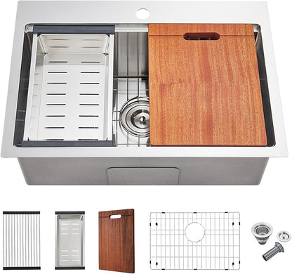 MENATT 25 x 18 Inch Drop in Workstation Kitchen Sink, 25 Inch Single Bowl Handmade Topmount Kitchen Sink, 18 Gauge Stainless Steel 9'' Deep Kitchen Workstation Sink with Cutting Board& Strainer