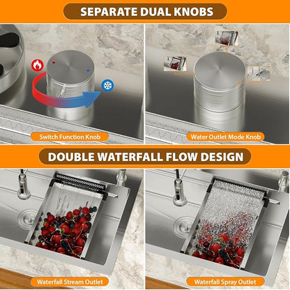 Mocoloo 33 Inch Honeycomb Waterfall Kitchen Sink Drop in, 33x19 Inch Stainless Steel Workstation Sink 16 Gauge Topmount Single Bowl Sink with Complete Kit
