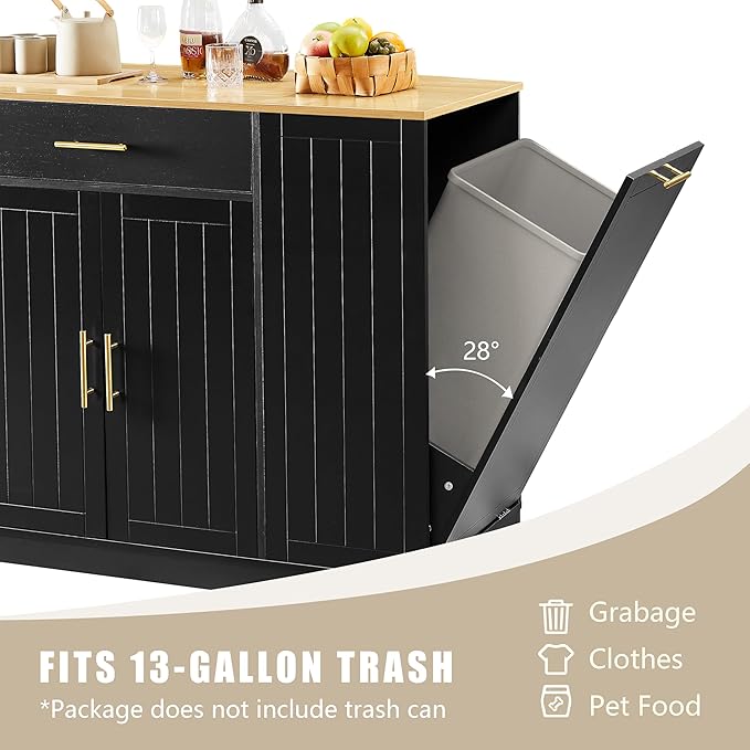 GOWE 53'' Kitchen Storage Islands with Drawers and Trash Can Storage for Kitchen & Dining. Modern Farmhouse Design, Black, 53.2" W x 20.9" D x 38.0" H.