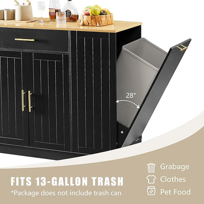 53 inch Large Kitchen Island Cart with Trash Can Storage Cabinet,Drawer and Adjustable Shelves,Breakfast Bar Cabinet for 13 Gallon Garbage Bin (Black+Oak@w)