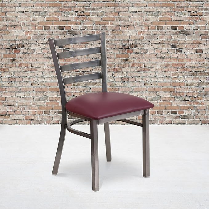 Flash Furniture HERCULES Series Clear Coated Ladder Back Metal Restaurant Chair - Burgundy Vinyl Seat
