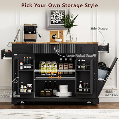 Modern Dining Table Kitchen Island with, Fluted Drawers, Power Outlet, Shelves, Mobile Rolling Cart with Trash Can Cabinet, 3 Drawers and Open Side Racks,Black-MDF