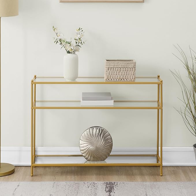 Convenience Concepts Royal Crest Glass Console Hall Table 42" - 3 Tier Modern, Contemporary Narrow Display Accent with Storage Shelves for Living Room, Entryway, Hallway, & Bedroom, Gold
