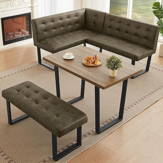HIPIHOM 3-Piece Corner Dining Table Set with Bench, 70 Inch Space-Saving Breakfast Nook for Kitchen & Dining Room(Walnut Table+Right Seat Brown Bench)