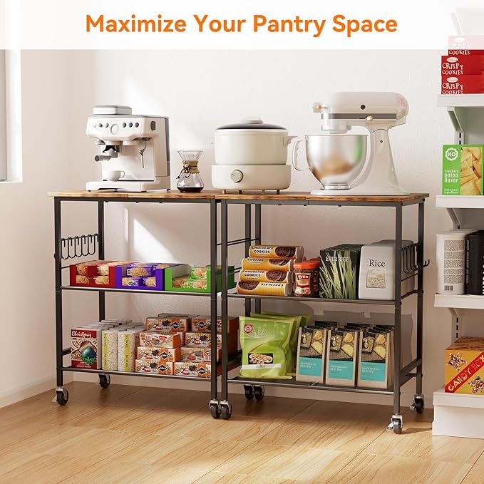 NTE Rolling Kitchen Microwave Cart, 3 Tier Microwave Stand with Storage, Small Kitchen Island on Wheels, Kitchen Storage Cart with 6 Hooks for Kitchen, Coffee Bar, Living Room, Balcony