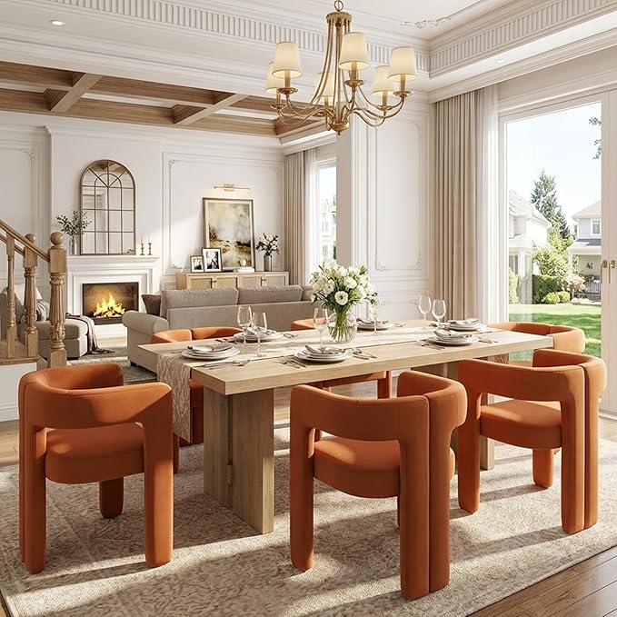 VESCASA Modern Barrel Dining Chairs Set of 6 with Open Back, Upholstered Velvet Accent Kitchen Armchairs with Wood Legs for Dining Room Reception Small Space, Orange