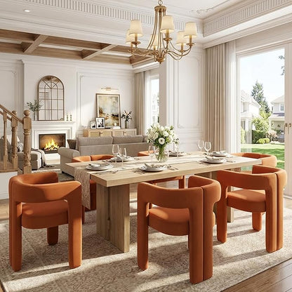 VESCASA Modern Barrel Dining Chairs Set of 6 with Open Back, Upholstered Velvet Accent Kitchen Armchairs with Wood Legs for Dining Room Reception Small Space, Orange