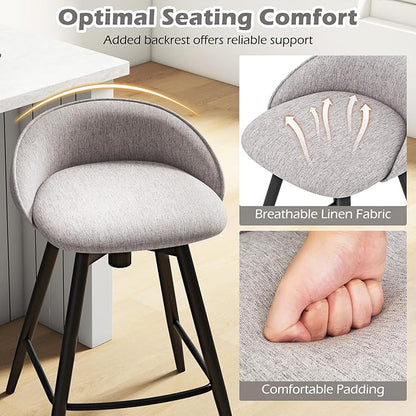 Giantex Swivel Bar Stools Set of 2, 25" Counter Height Bar Chairs with Footrest, Low Backs & Metal Frame, Upholstered Line Fabric Barstools for Kitchen Island, Cafe & Pub, Grey
