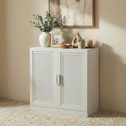 Casaphoria Adam Sideboard Buffet Cabinet with Storage, Sideboard Cabinet with Rattan Doors & Adjustable Shelves, 31" W x 36" H Coffee Bar for Entryway Kitchen Living Room, White