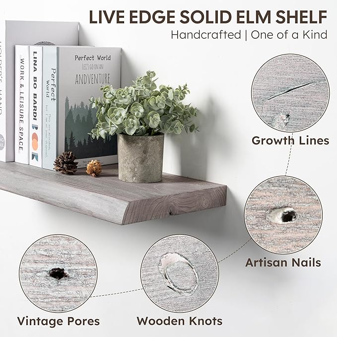 Live Edge Floating Shelves Set of 2, 36 Inch Solid Elm Wood Wall Shelves - Invisible Bracket Mount for Living Room, Bedroom, Kitchen, Bathroom | Weathered Gray