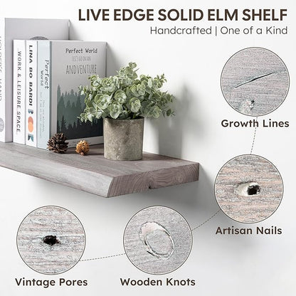 Live Edge Floating Shelf, 40 Inch Solid Elm Wood - Weathered Gray Rustic Wood Wall Shelf with Invisible Brackets for Living Room, Kitchen, Bathroom