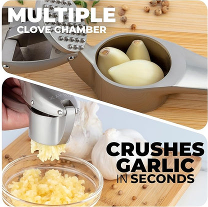 Zulay Kitchen Premium Garlic Press Set – Rust Proof & Dishwasher Safe Garlic Mincer Tool with Silicone Garlic Peeler & Brush, Easy Squeeze & Clean, Ergonomic Soft Grip Handle - Medium – Silver