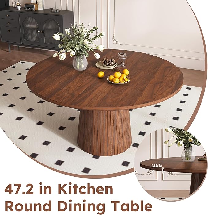 Farmhouse Round Dining Table Set for 4, 47 in Kitchen Table with MDF Tabletop & Base, Beige Fabric Upholstered Chairs with Walnut-Grain Metal Legs for Home Small Apartment (1 Table+4 Chairs)