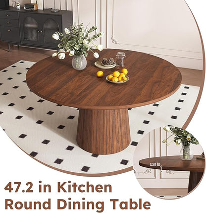 Farmhouse Round Dining Table Set for 4, 47 in Kitchen Table with MDF Tabletop & Base, Beige Fabric Upholstered Chairs with Walnut-Grain Metal Legs for Home Small Apartment (1 Table+4 Chairs)
