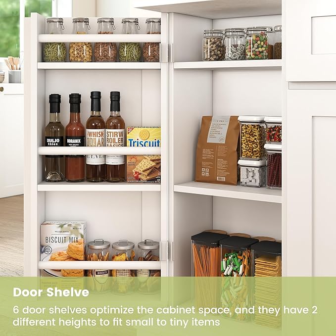 WAYTRIM Pantry Cabinet, White Kitchen Storage Cabinet with 4 Doors and Shelves, Kitchen Hutch Coffee Bar Cabinet with Drawers & Adjustable Shelves, Microwave Stand for Kitchen Dining Room Furniture