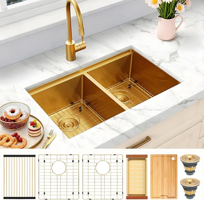 LQS Brushed Gold Kitchen Sink 32 Inch, 16 Guage Stainless Steel Undermount Gold Double Kitchen Sink with Smart Workstation, Luxury Golden Accessories for Modern Kitchen Style