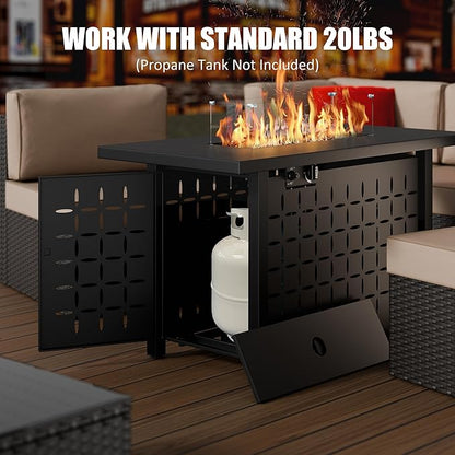 Vongrasig 8 Pieces Patio Furniture Set with 43" Fire Pit, Outdoor Couch Sectional Set, Small Conversation Set, 50,000 BTU Gas Fire Pit Propane Fire Table with Lid, Glass Wind Guard, Blue