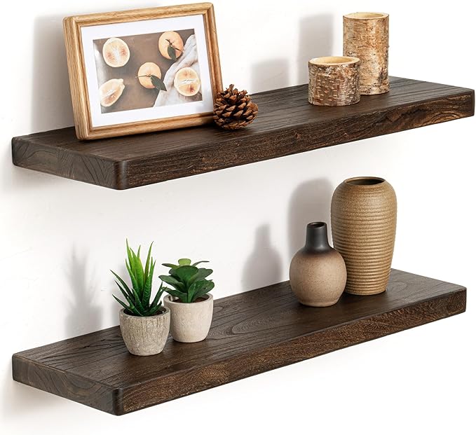 24 Inch Flat Edge Floating Shelves, 8 Inch Deep Solid Elm Wood Wall Shelf, Heavy-Duty Wall Mounted Shelf with Invisible Brackets for Living Room, Bathroom, Kitchen, Set of 2, Walnut Color
