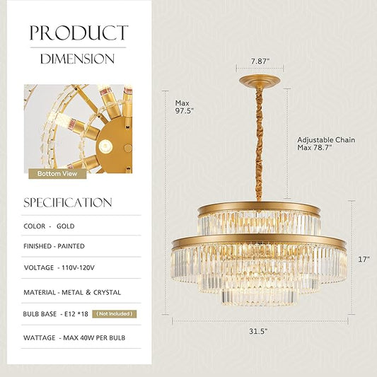 31.5" 18-Light Modern Crystal Chandelier Light Fixture Large 4-Tier Gold Luxury Glam Chandeliers for Dining Room Round Hanging Pendant Lighting for Living Room Kitchen Bedroom Foyer Lobby