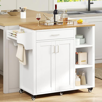 DWVO Rolling Kitchen Island Table on Wheels, Mobile Kitchen Cart with Storage, Butcher Block Island with Open Shelf, Drawer, Spice/Towel Rack, 37inch, White