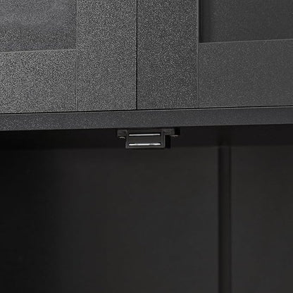 TEENFON Storage Cabinet, Rattan Cabinets with 2 Adjustable Shelves & 4 Doors, Bathroom Cabinet, Cupboard, Floor Cabinets for Living Room, Entryway, Kitchen, Home Office, Black