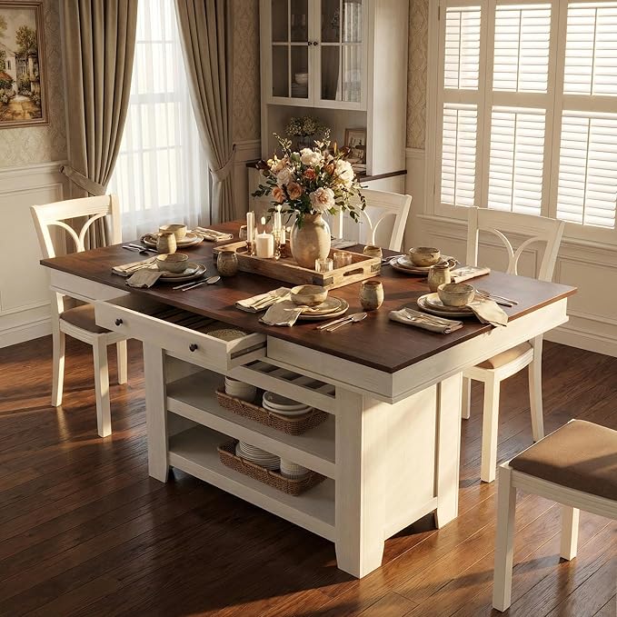 IDEALHOUSE 60" Wood Dining Table for 4-6, Counter Height Kitchen Table with Wine Rack and 2 Drawers, Open Shelves and Sturdy Legs, 4-Tier Stationary Kitchen Island for Dining Room and Kitchen