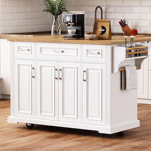 JIJIWANG 54" Large Kitchen Island with Drop Leaf and Storage, Embossed Texture Rolling Kitchen Cart on 4 Wheels with 4 Doors and 3 Drawers for Dining Room, White