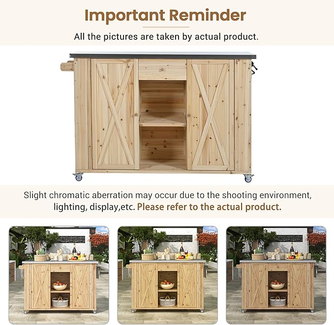 YOPTO Outdoor Kitchen Island Fir Wood Kitchen Island with Stainless Steel Top,Ample Storage Space,Towel and Spice Racks and a Bottle Opener for Outdoor,Natural