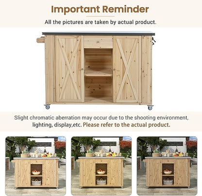 Flieks Outdoor Kitchen Island Fir Wood Kitchen Island with Stainless Steel Top, Ample Storage Space, Towel and Spice Racks and a Bottle Opener for Outdoor, Natural