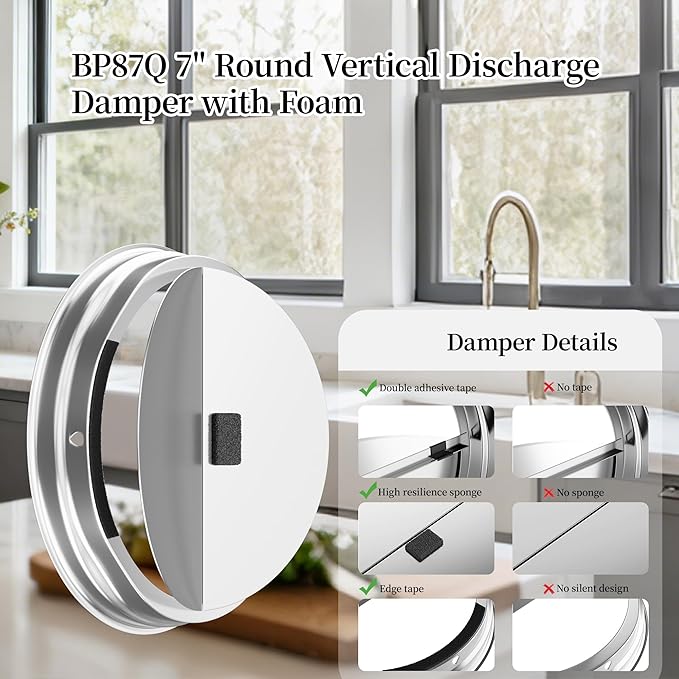 BP87Q 7" Round Vertical Discharge Damper with Foam Compatible with Bro-an-Nu-Tone BP87 Vertical Discharge Damper for 7" Round Range Hood Exhaust Adaptor, Upgraded-Eliminates Noise,Quiet