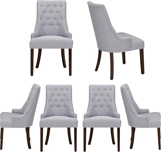 COLAMY Wingback Upholstered Dining Chairs Set of 6, Fabric Side Dining Room Chairs with Tufted Button, Living Room Chairs for Home Kitchen- Light Grey