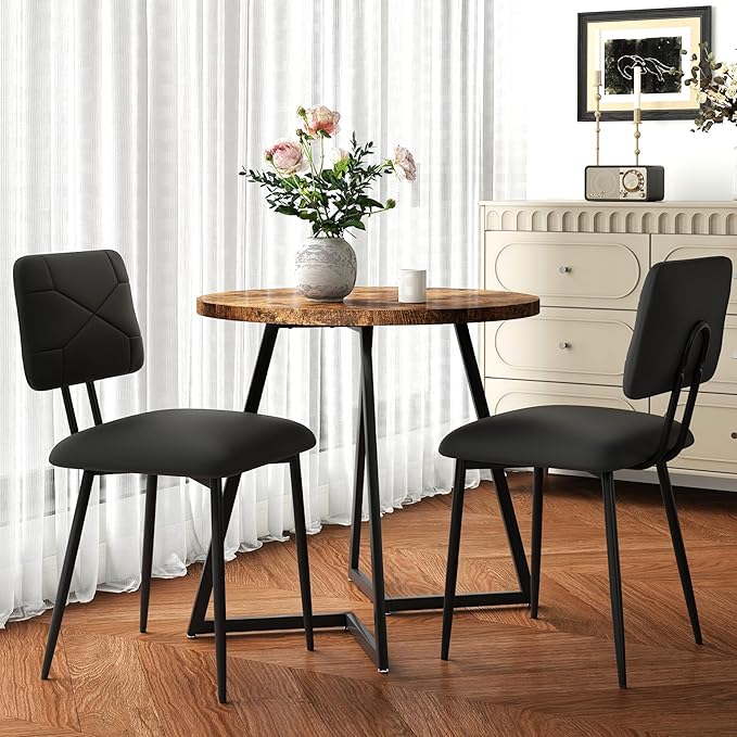 VECELO Dining Chairs Set of 2, Modern Upholstered Kitchen Chairs with Faux Leather Cushion Seat & Metal Legs for Kitchen, Living Room, Tufted Backrest Design, Black