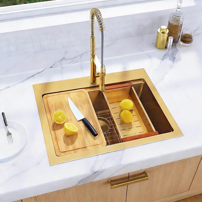 Gold Drop In Kitchen Sink, 28 Inch 16 Gauge Stainless Steel Gold Sink, Topmount Workstation Sink, Single Bowl Kitchen Sink With Full Accessories, 28"x22"x9" Drop In Sink