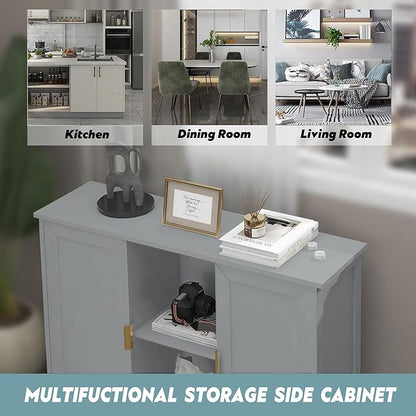 TaoHFE Grey Kitchen Pantry, Modern Wooden Small Credenza Sideboard Coffee Station, Storage Small Cabinet with Doors and Shelves for Kitchen