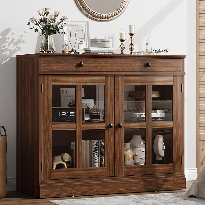 GarveeHome 35.4 in Sideboard Buffet Cabinets with Glass Door, Buffet Cabinet with Storage, Walnut Sideboard Cabinet with Drawer, Modern Buffets & Sideboards for Dining Room, Kitchen