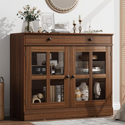 GarveeHome 35.4 in Sideboard Buffet Cabinets with Glass Door, Buffet Cabinet with Storage, Walnut Sideboard Cabinet with Drawer, Modern Buffets & Sideboards for Dining Room, Kitchen