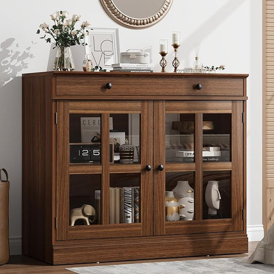 GarveeHome 35.4 in Sideboard Buffet Cabinets with Glass Door, Buffet Cabinet with Storage, Walnut Sideboard Cabinet with Drawer, Modern Buffets & Sideboards for Dining Room, Kitchen