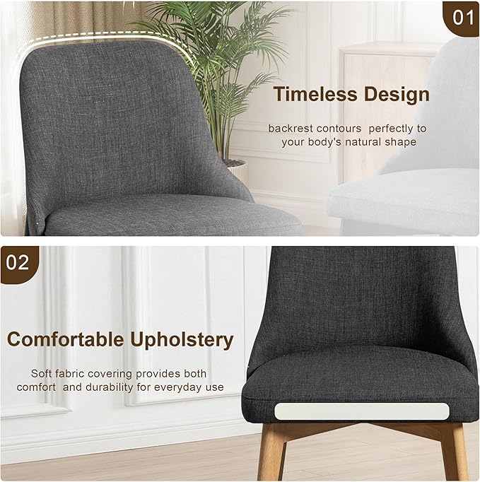 Casaphoria Set of 2 Upholstered Dining Chairs, Dark Grey Fabric Kitchen Chairs with Oak Wood Legs, Modern Accent Chairs for Dining Room, Living Room or Kitchen