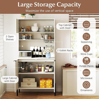Giantex 64.5" Kitchen Pantry Cabinet with Charging Station, Tall Buffet Hutch with Storage Cabinets, Adjustable Shelf, Wine Racks, Modern Sideboard for Dining Room, Living Room, Coffee Bar, White